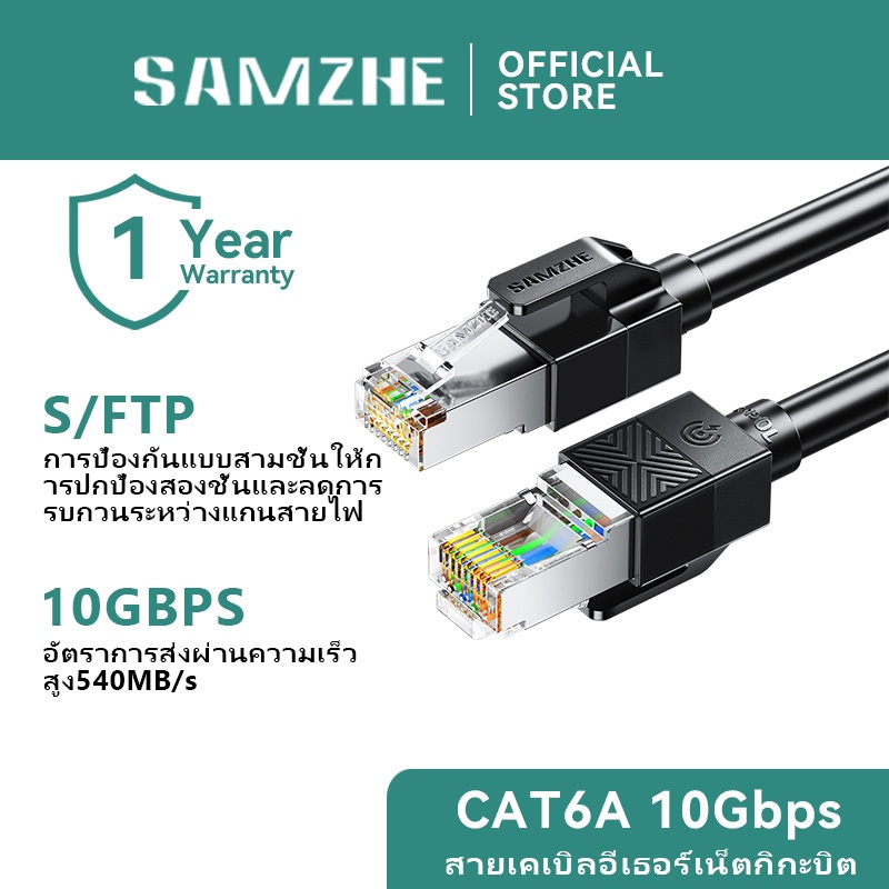 SAMZHE สาย LAN CAT6A ความเร็ว 10Gbps มีให้เลือกหลายความยาว หุ้มฉนวนป้องกันสัญญาณรบกวน (PoE shielded)