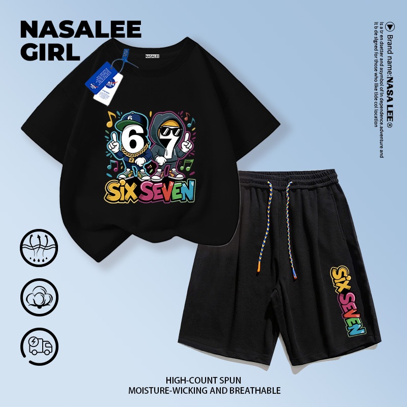 ส่งด่วนในวันเดียวกัน ชุดเสื้อยืดแขนสั้น+กางเกงขาสั้น ลาย NASA sixseven แฟชั่นฮิตจากต่างประเทศ สำหรับเด็กอายุ 3-16 ปี ทั้งชายและหญิง เครื่องแต่งกายสวมใส่สบาย