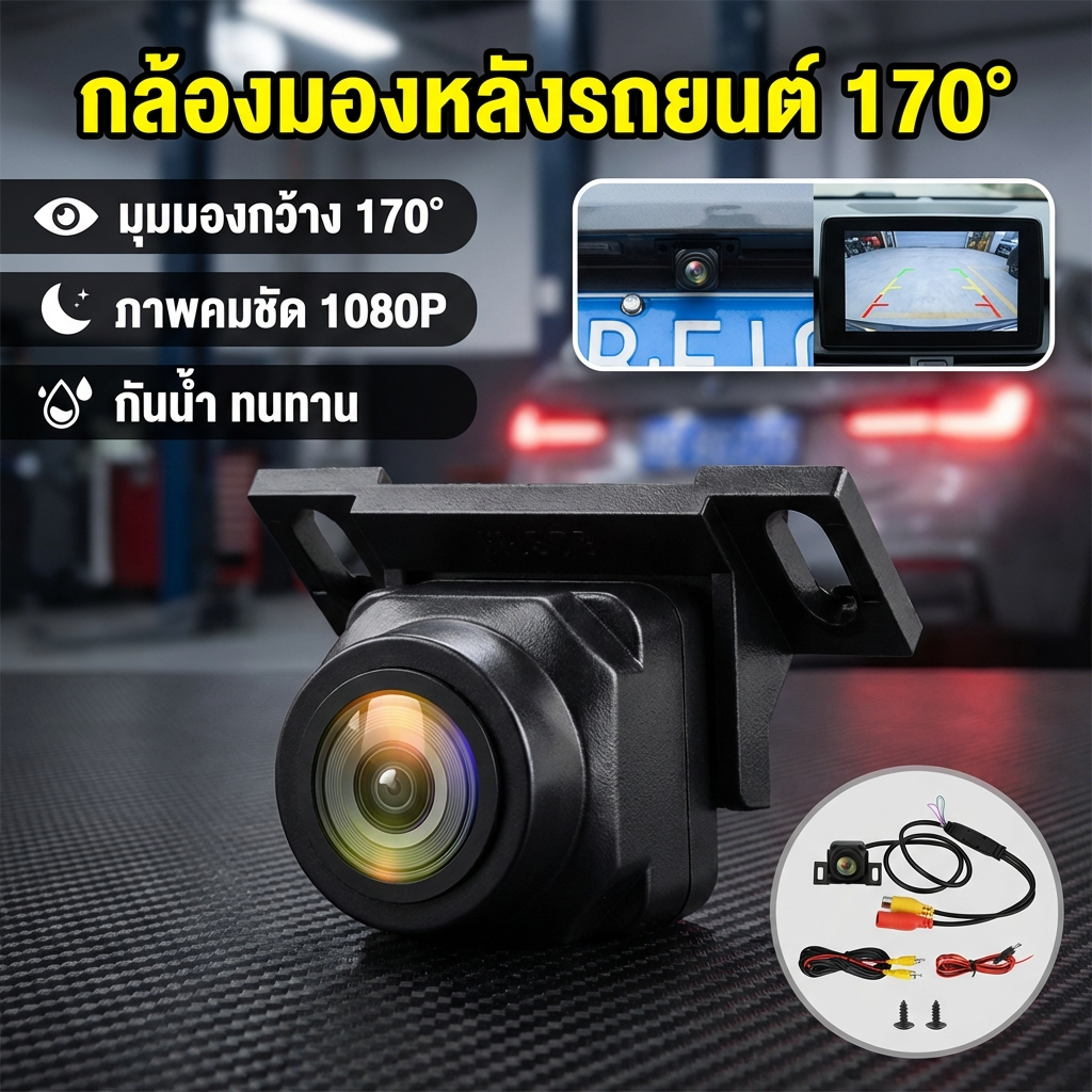 กล้องถอยหลังรถยนต์ กล้องมองหลัง เลนส์กว้าง 170 องศา ขนาดเล็ก ปรับมุมได้ กันน้ำ Rear Camera