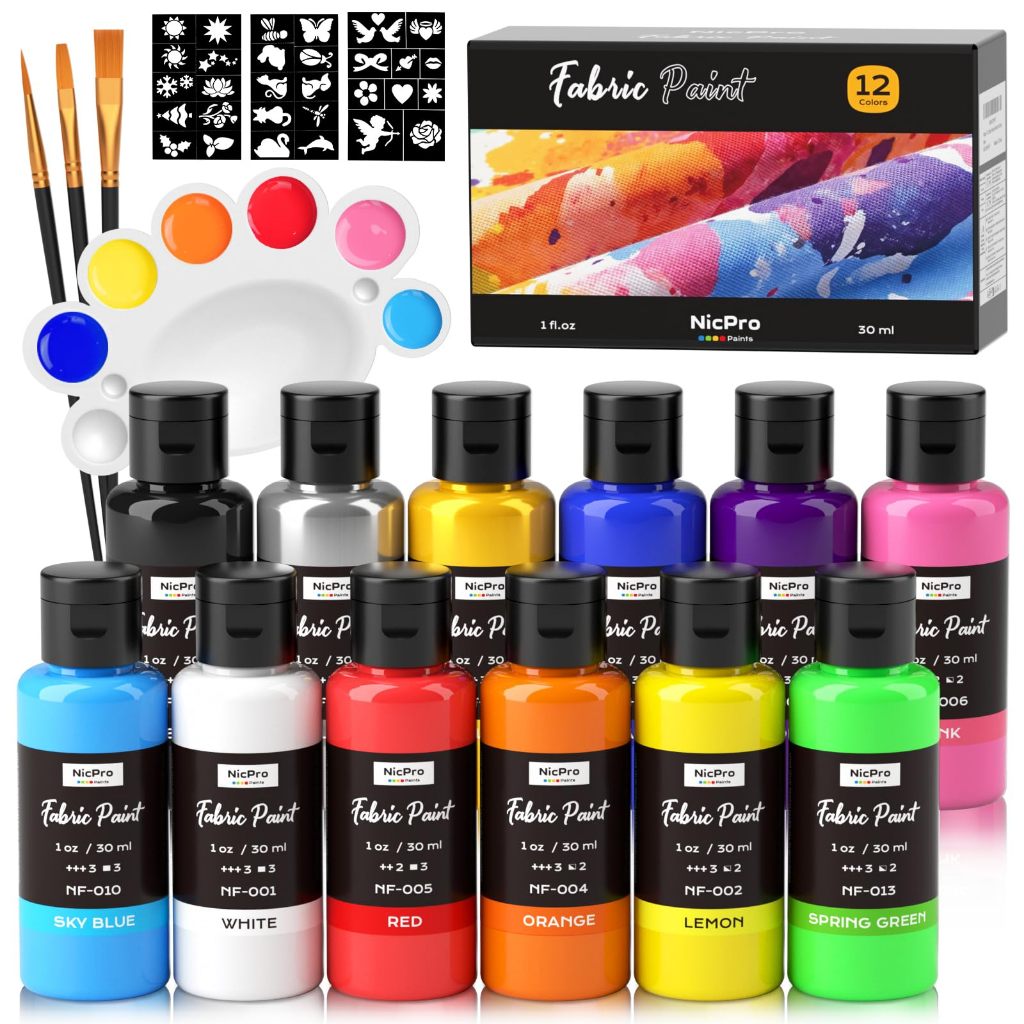 Nicpro ชุดสีผ้าถาวร 12 สี (1oz/30ml) พร้อมแปรง จานสี ลายฉลุ ปลอดสารพิษ สําหรับ DIY เสื้อยืด กางเกงยีนส์