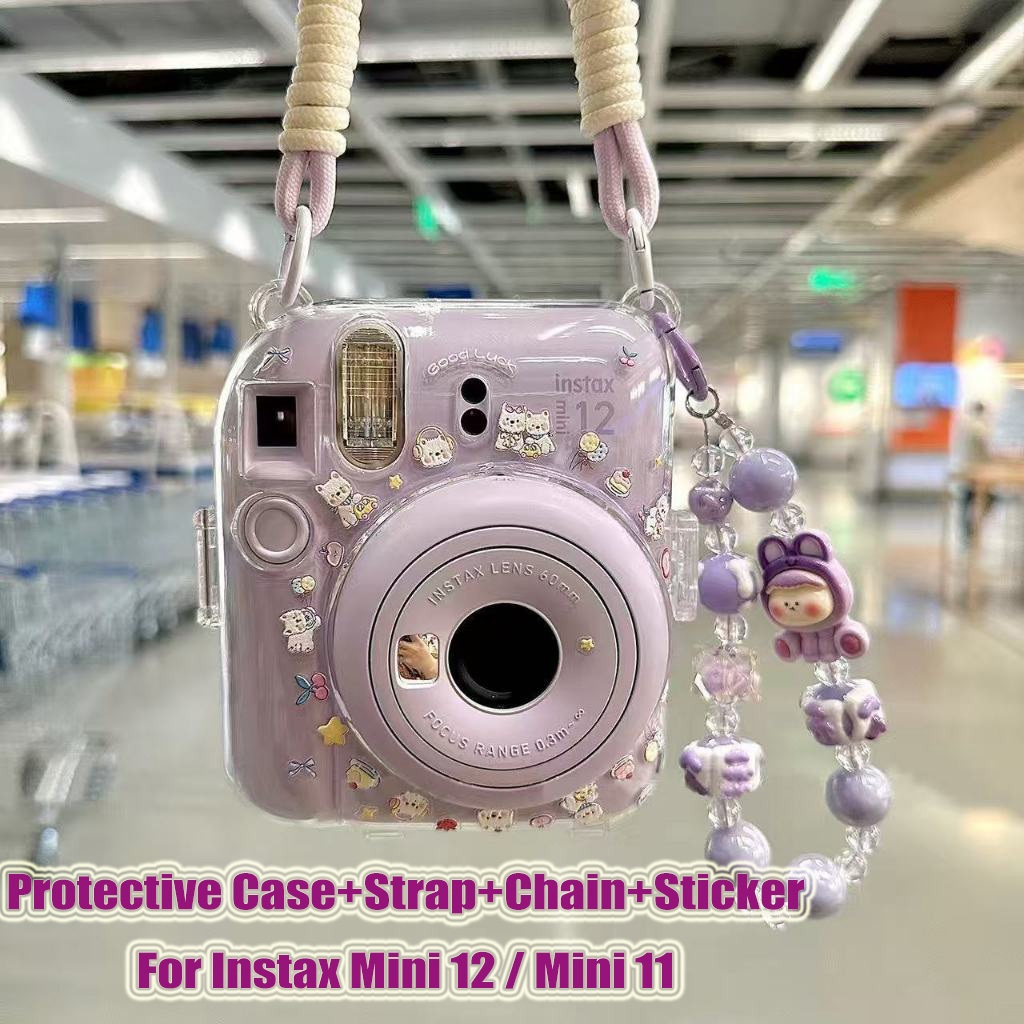 เคสป้องกันกล้องพร้อมสายคล้อง + โซ่ + สติ๊กเกอร์สําหรับ Fujifilm Instax Mini 12 /Mini 11 Crystal Clear กระเป๋าป้องกัน