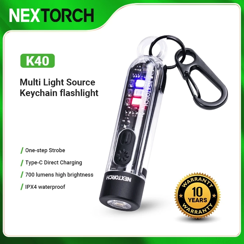 NEXTORCH K40 พวงกุญแจไฟฉายกระเป๋า EDC ชาร์จไฟฉายขนาดเล็ก Strobe 365nm ไฟฉาย UV Multi-light Source 700 Lumens กลางแจ้งสีแดง/สีฟ้า