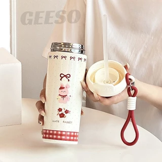 GEESO ถ้วยเก็บความร้อน 316 สแตนเลส 650มล ลายการ์ตูนน่ารัก มีหลอดดูดในตัว มีฝาปิด Cute Cartoon 316 Stainless Steel Tumbler 650ml with Straw 浮球吸管保温杯