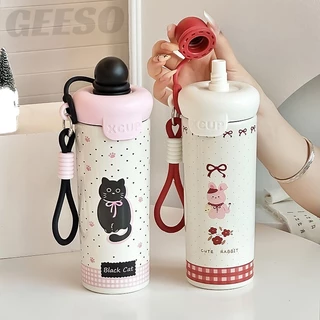 GEESO ถ้วยเก็บความร้อน 316 สแตนเลส 650มล ลายการ์ตูนน่ารัก มีหลอดดูดในตัว มีฝาปิด Cute Cartoon 316 Stainless Steel Tumbler 650ml with Straw 浮球吸管保温杯
