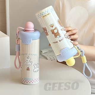 GEESO ถ้วยเก็บความร้อน 316 สแตนเลส 650มล ลายการ์ตูนน่ารัก มีหลอดดูดในตัว มีฝาปิด Cute Cartoon 316 Stainless Steel Tumbler 650ml with Straw 浮球吸管保温杯