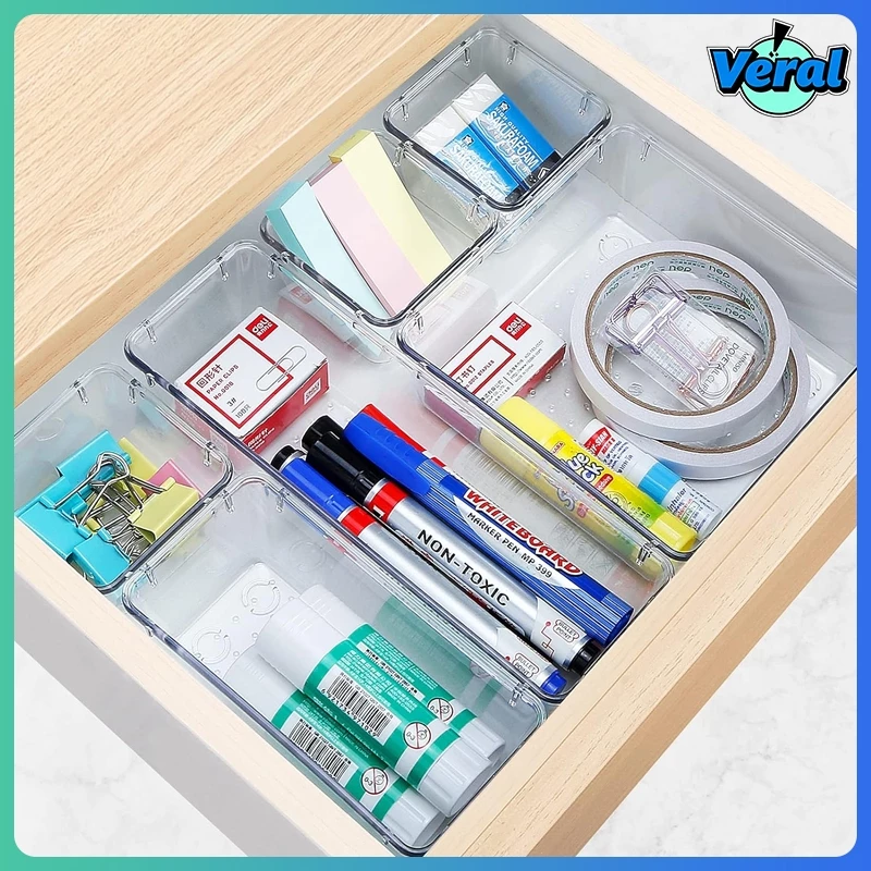 Veral🔥กล่องพาร์ทิชันลิ้นชักพลาสติกใส-กล่องเก็บเครื่องสําอางประหยัดพื้นที่-สก์ท็อปจิปาถะออแกไนเซอร์ถาดสําหรับสํานักงานในครัวเรื thumbnail 7