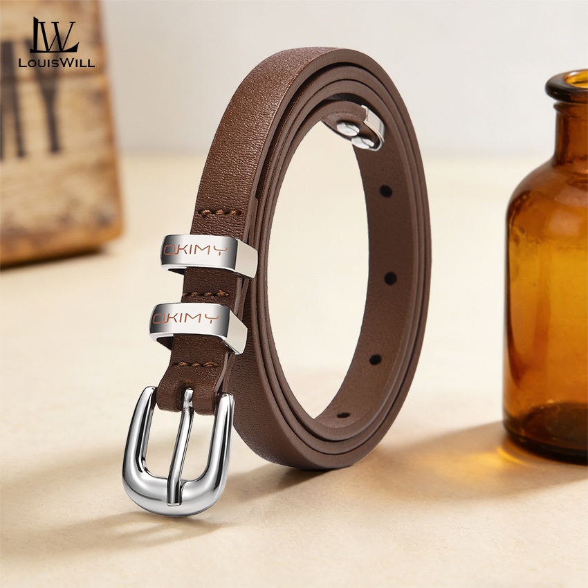 LouisWill เข็มขัดผู้หญิงบางเฉียบ สไตล์เรโทรหรูหรา ทำจากหนังวัวนุ่ม