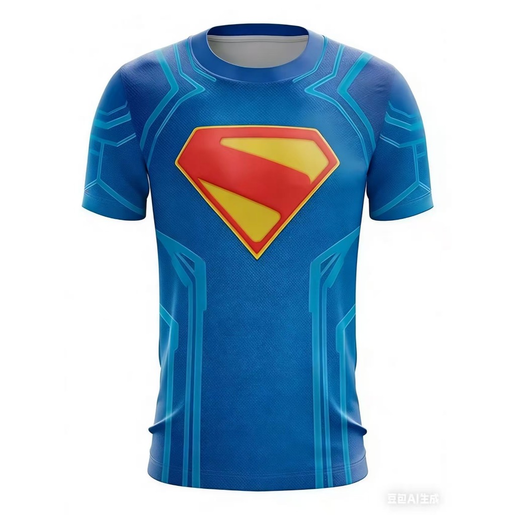 คลาสสิกซูเปอร์แมนคอสเพลย์การบีบอัดออกกําลังกายเสื้อความชื้น ไส้ตะเกียง แขนสั้นกีฬาด้านบนสําหรับผู้ที่ชื่นชอบการยิมชาย