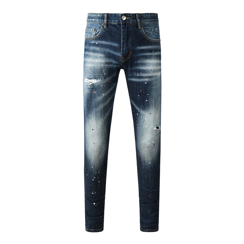 High Street Fashion Men Jeans Deep Blue Elastic Slimming Craft Design Hip Hop Style Men Jeans