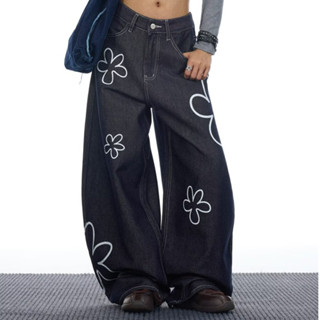 กางเกงยีนส์พิมพ์ลายดอกไม้ สไตล์เอวสูงหลวม สำหรับฤดูร้อน