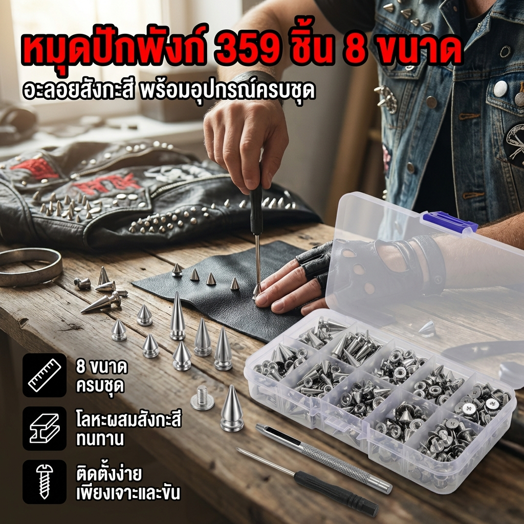 359 ชิ้น หมุดโลหะ ทรงกรวย สีเงิน สไตล์พังก์ สําหรับตกแต่งเสื้อผ้า รองเท้าหนัง หมุดโลหะ ทรงกรวย สไตล์วินเทจ สีเงิน สําหรับตกแต่งเสื้อผ้า เครื่องหนัง งานฝีมือ DIY Punk Spikes Studs Rivet ชุดโลหะผสมสังกะสีเงินกรวยชุด 8 ขนาดสําหรับเสื้อผ้า