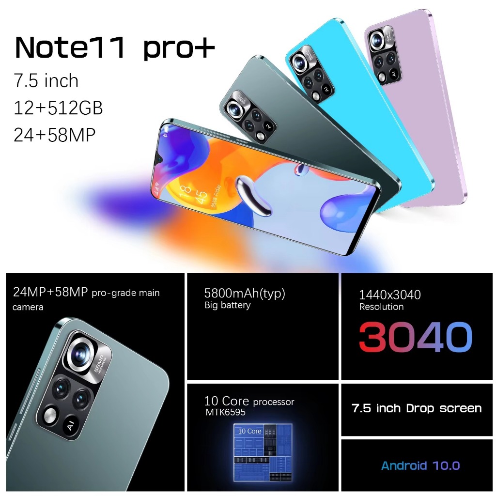 Note11 Pro+ 7.5" HD+ 12GB + 512GB 5800mAh แบตเตอรี่ขนาดใหญ่ 24MP + 58MP Pro กล้อง