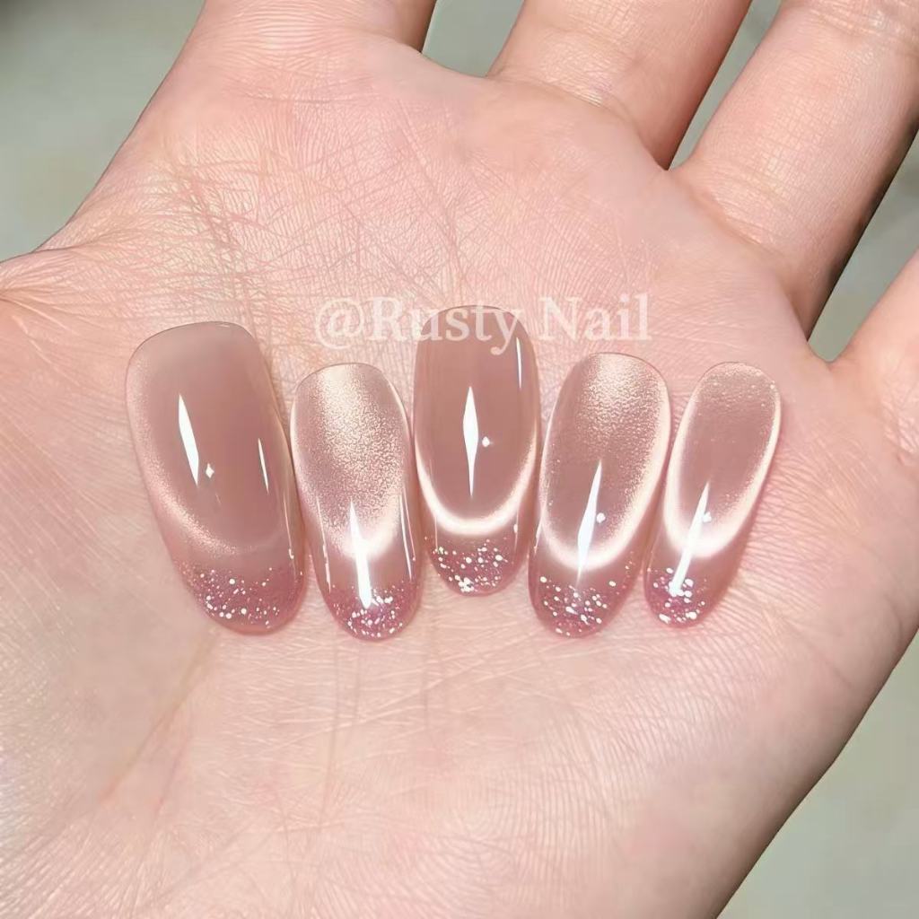[Fine Sniffing Rose] Daughter กระพริบ French Cats Eye Hand-Weared Nails High-End Whitening Pink Nails Patch