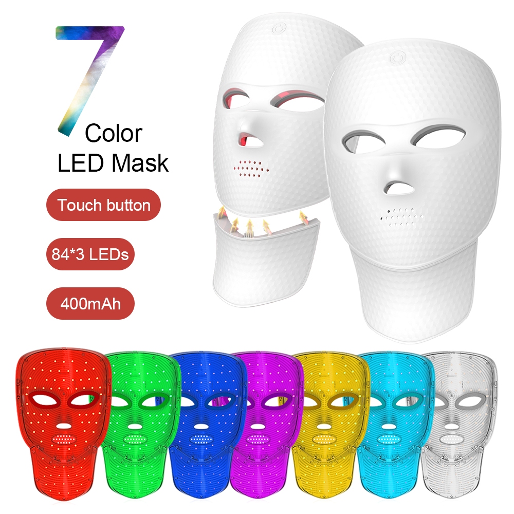 7 สีไร้สาย LED Face Mask 84 LEDs 252 ลูกปัดสําหรับสิวไวท์เทนนิ่ง Rejuvenation พร้อม Face & Neck Care ใช้ในบ้าน