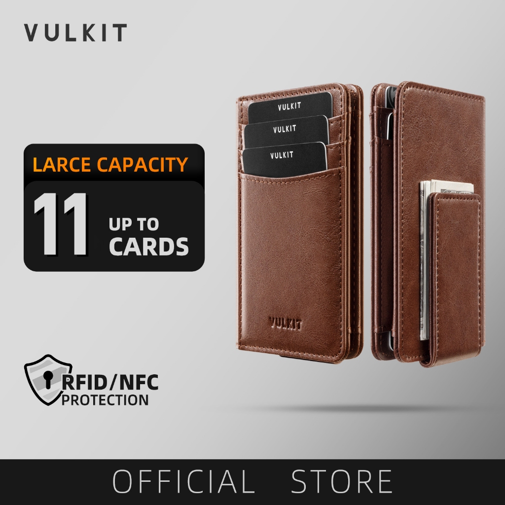 VULKIT-Bifold Slim Wallet for Men RFID Blocking Leather Front Pocket Wallet with 11 Cards with Money