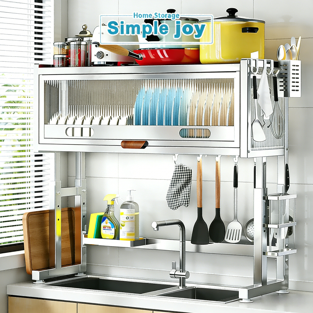 SimpleJoy ชั้นวางจานสแตนเลส 304 เหนืออ่างล้างจาน 2 ชั้น พร้อมฝาปิด ออแกไนเซอร์ครัว ป้องกันฝุ่น หลายขนาด