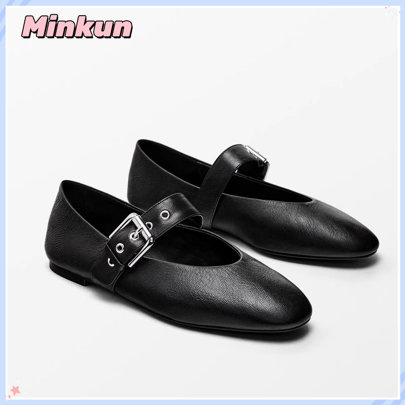 Minkun รองเท้าแมรีJane ส้นแบนหัวกลม สำหรับผู้หญิง ดีไซน์คลาสสิกและสวมใส่ง่าย