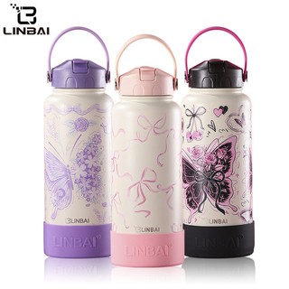 LINBAI Flask 32oz Insulated Tumbler Free Silicone Boot Stainless Steel Vacuum Straw Lid Cap Double Wall Drinking Water Bottle