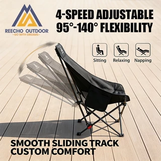 【REECHO OUTDOOR】 เก้าอี้พับแคมป์ปิ้ง – ผู้เอนกายแบบปรับได้ 4 สปีด (100°-160°) | เก้าอี้ชายหาดและสวนแบบพกพาน้ําหนักเบาพร้อมที่วางแก้วและกระเป๋าพกพา | สีดํา / สีเบจ