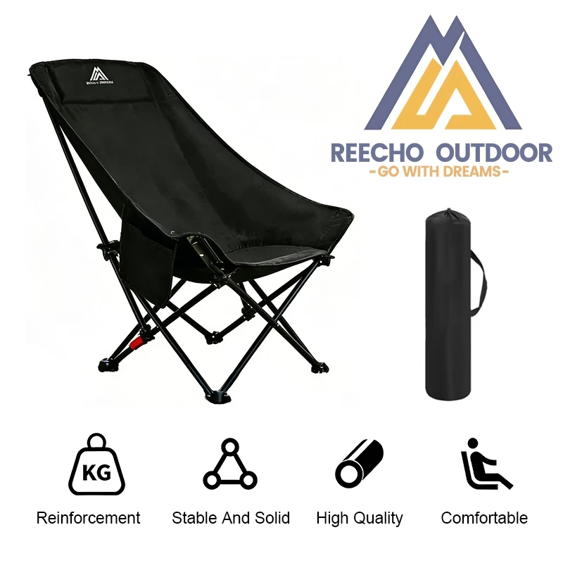 【REECHO OUTDOOR】 เก้าอี้พับแคมป์ปิ้ง – ผู้เอนกายแบบปรับได้ 4 สปีด (100°-160°) | เก้าอี้ชายหาดและสวนแบบพกพาน้ําหนักเบาพร้อมที่วางแก้วและกระเป๋าพกพา | สีดํา / สีเบจ
