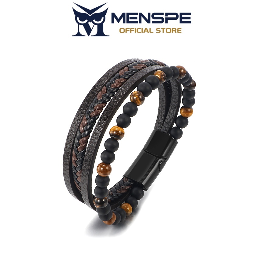 MENSPE สร้อยข้อมือPUอินเทรนด์สำหรับผู้ชาย พร้อมหัวเข็มขัดแบบเรียบง่าย ของขวัญแฟชั่น