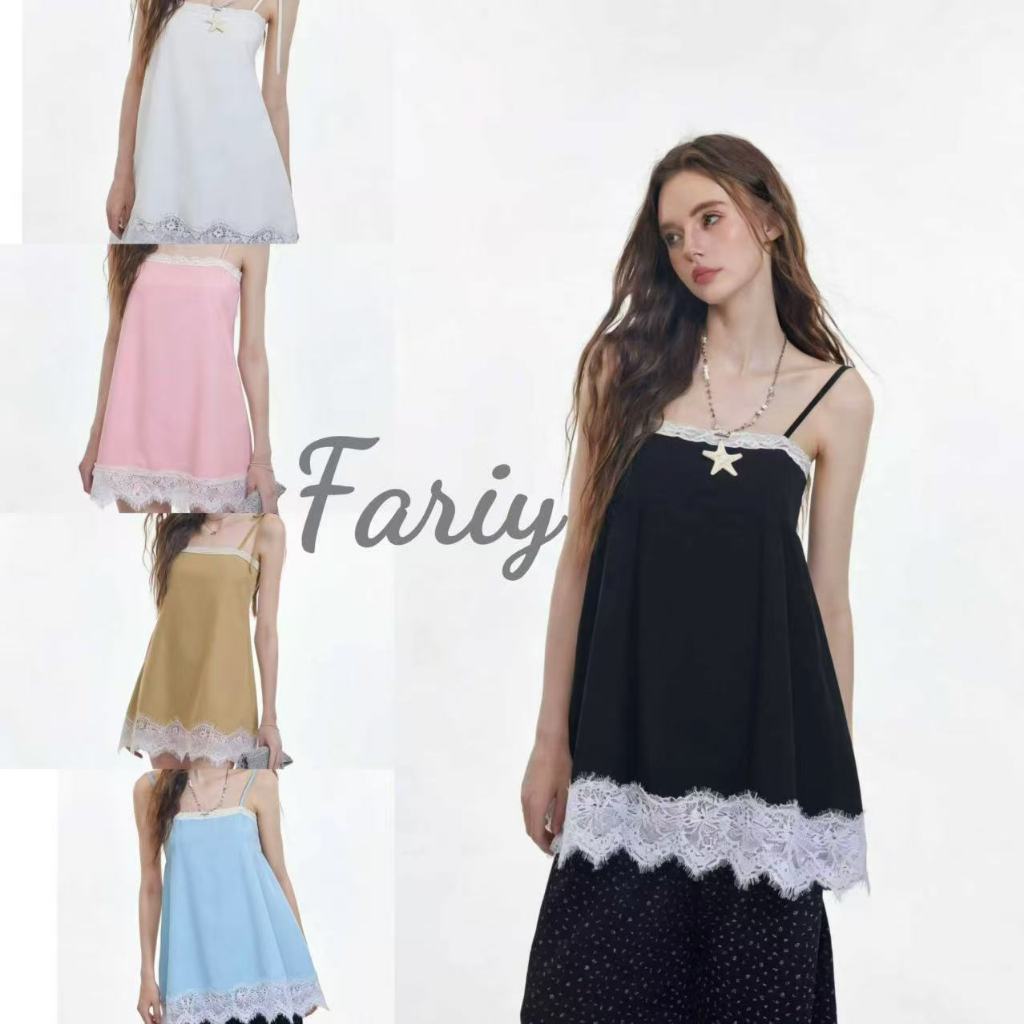Fariy🍒คลังสินค้าพร้อม🍒 เดรสสลิปผ้าซาตินลูกไม้สำหรับผู้หญิง ฤดูใบไม้ผลิ/ฤดูร้อน/ฤดูหนาว