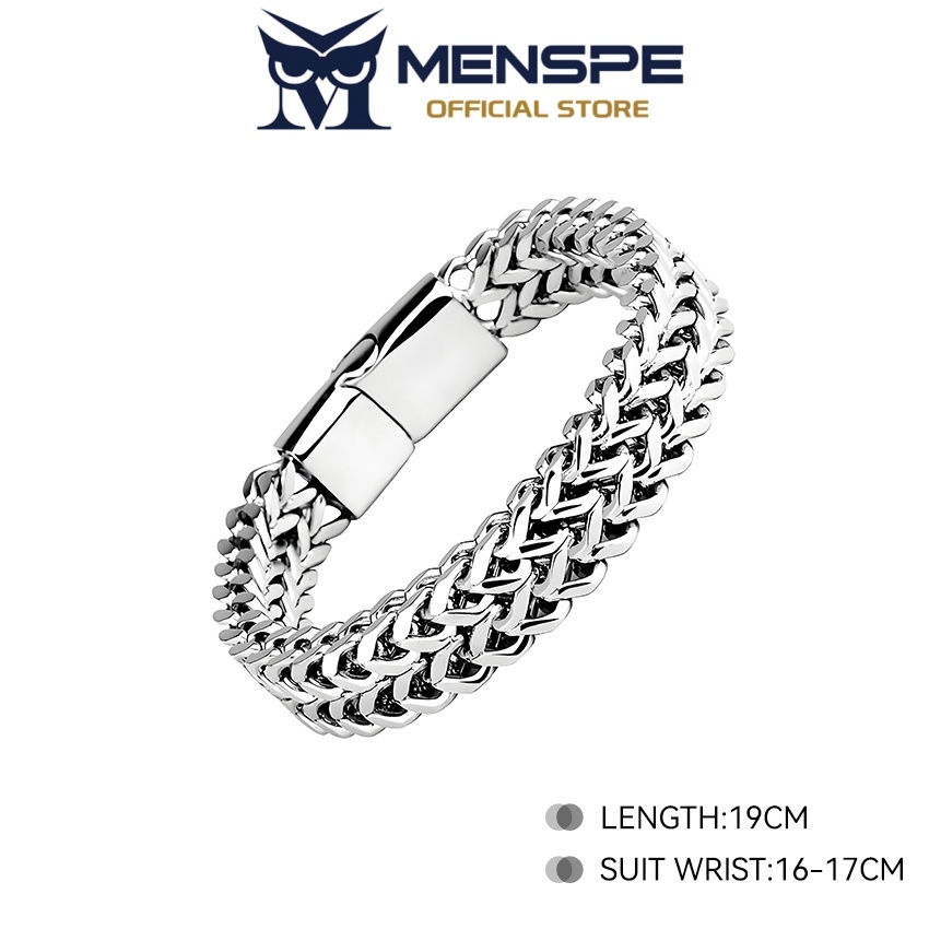 MENSPE สร้อยข้อมือโซ่คิวบารูปแบบสองชั้น สแตนเลส แฟชั่น พร้อมแม่เหล็ก ของขวัญสำหรับคนพิเศษ