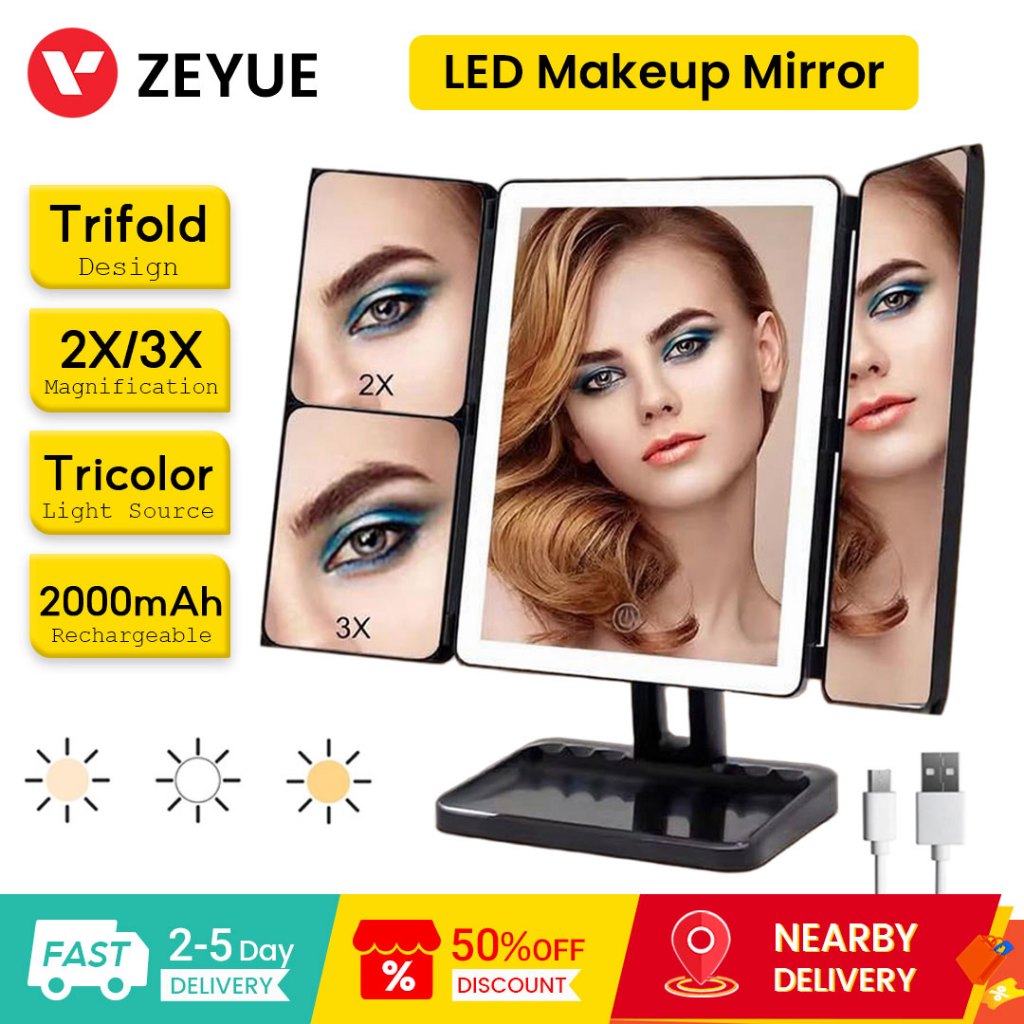 DPMIRROR Trifold LED กระจกแต่งหน้า 2X/3X กระจกขยาย Tricolor Light USB ชาร์จใหม่ได้
