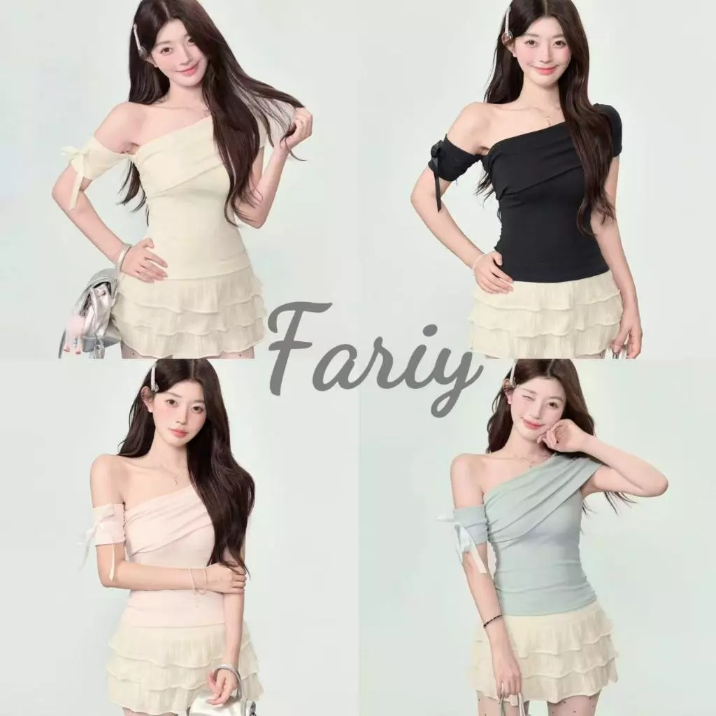 Fariy🍒คลังสินค้าพร้อม🍒 เสื้อยืดแขนสั้นเปิดไหล่สีแอปริคอตสำหรับผู้หญิง สไตล์ฤดูร้อน ทรงเข้ารูป ดูเซ็กซี่ เสื้อสั้นผูกริบบิ้นที่ไหล่ข้างเดียว