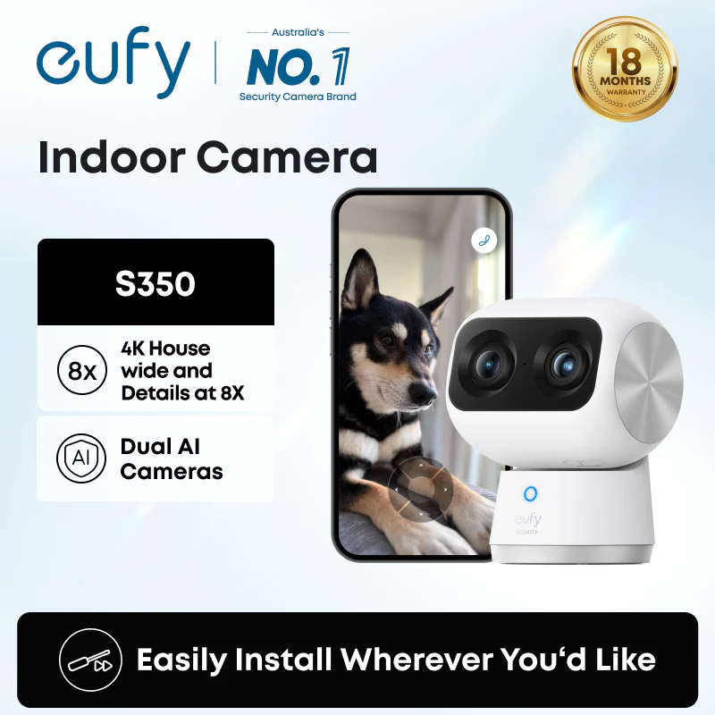 ANKER eufy Security โดยกล้องในร่ม Anker S350, กล้องวงจรปิดความปลอดภัย 4K UHD พร้อม 360° ซูม Pan-Tilt 8X, AI Tracking Wifi Dual Cam, จอภาพสัตว์เลี้ยง/เด็ก, การมองเห็นได้ในเวลากลางคืน, เสียง 2 ทาง