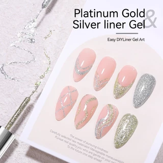 BORN PRETTY 2 ชิ้น Platinum Glitter Liner เจลเล็บชุดทองเงินดึงสายเจล Graffiti ภาพวาด Stripe DIY เล็บฝรั่งเศส