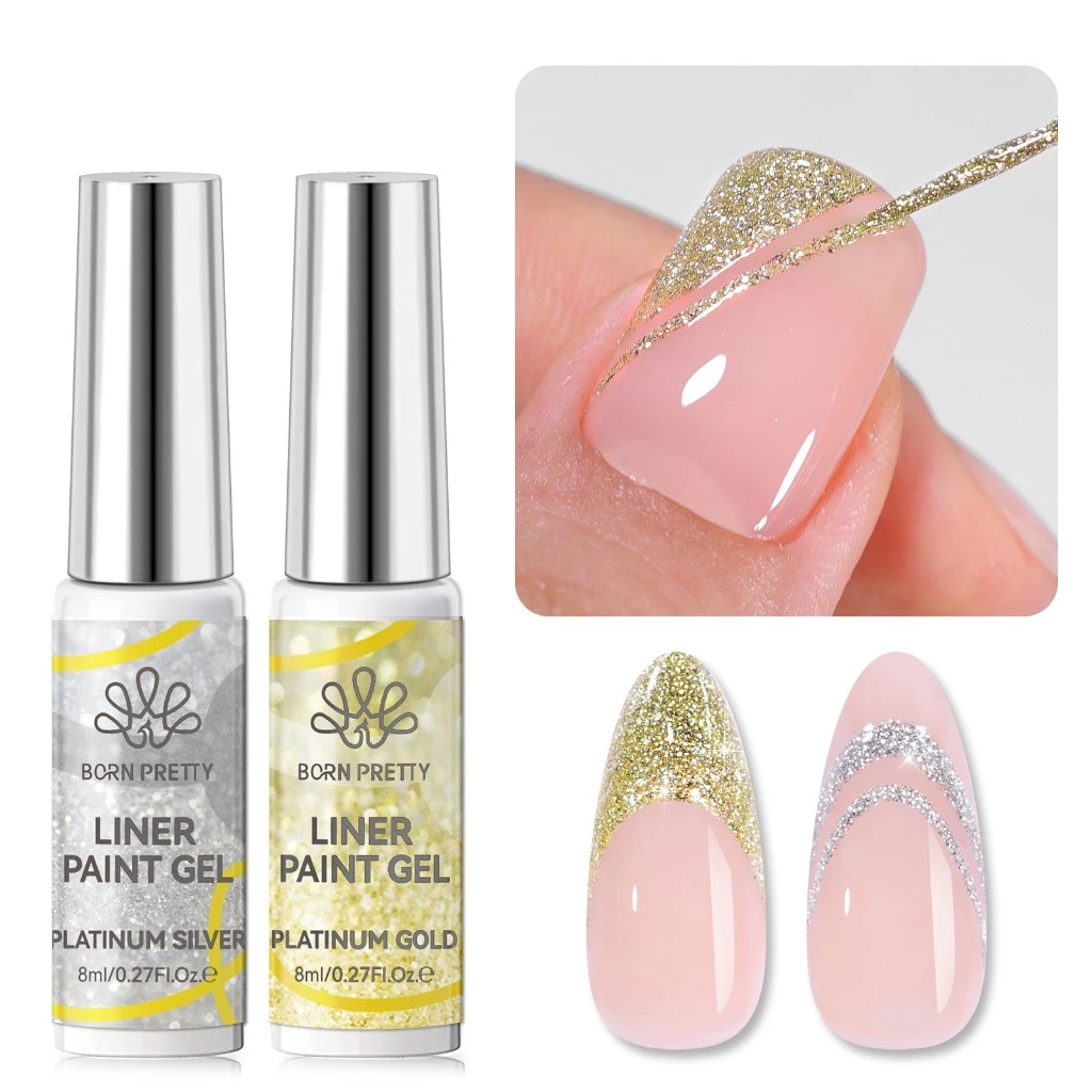 BORN PRETTY 2 ชิ้น Platinum Glitter Liner เจลเล็บชุดทองเงินดึงสายเจล Graffiti ภาพวาด Stripe DIY เล็บฝรั่งเศส