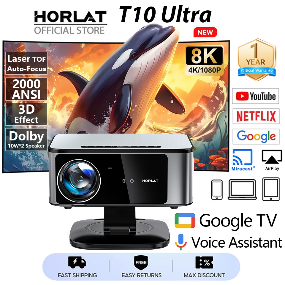 HORLAT T10 Ultra 8K Laser โปรเจคเตอร์ HighBright 40000LM Google TV Voice control 20W Dolby เสียง 360°ขาตั้งขาตั้ง