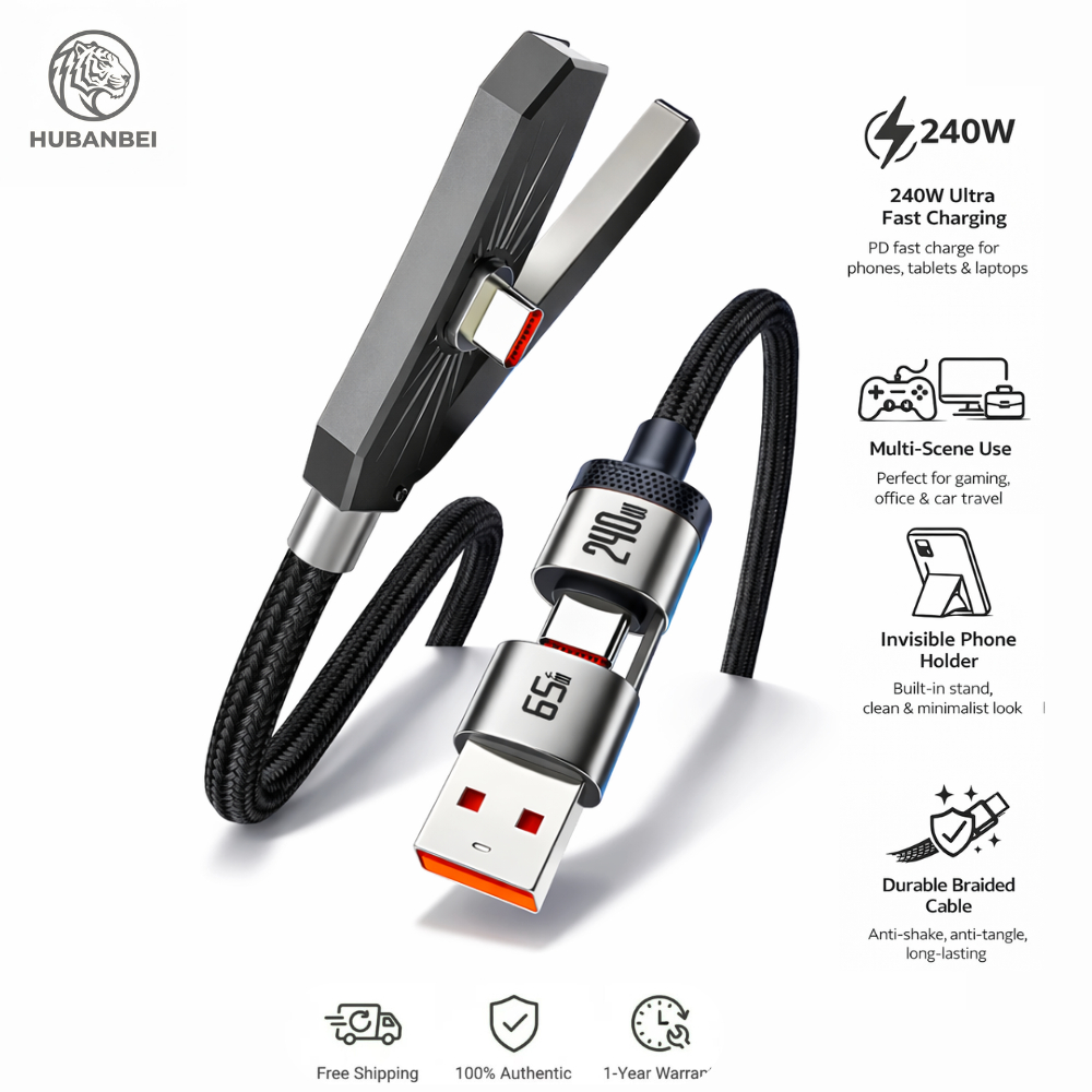 สายชาร์จ 2-in-1 พร้อมขาตั้ง, สาย USB C ถึง USB ชาร์จเร็ว 240W, ที่ชาร์จโทรศัพท์แบบถัก 6 ฟุตพร้อมรองรับในตัวสําหรับสมาร์ทโฟนแท็บเล็ตแล็ปท็อปถักไนลอนทนทาน