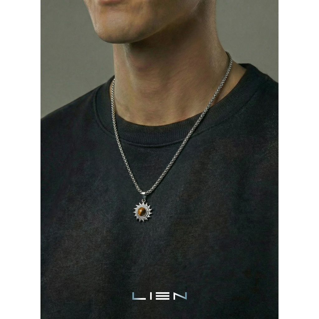LIEN Tiger Eye Sun จี้สร้อยคอผู้ชาย|เครื่องรางซันเบิร์สต์วินเทจ |60ซม|เหล็กไทเท|เรือ 24 ชม.