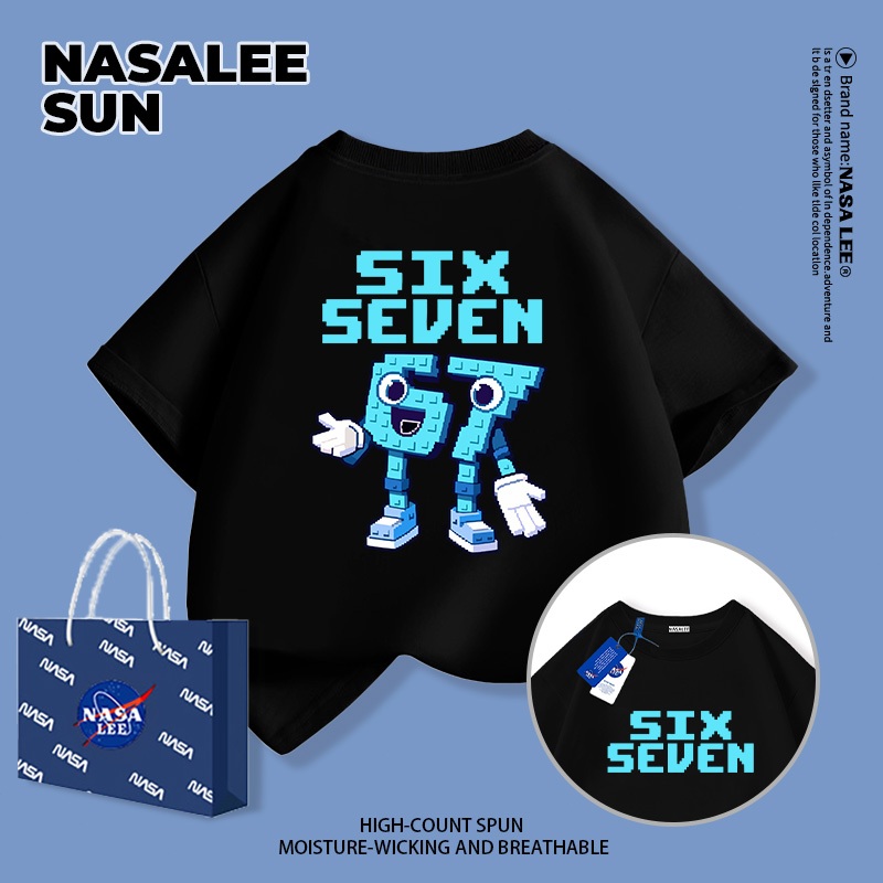 【จัดส่งวันเดียวกัน】เสื้อยืดผ้าฝ้ายเด็ก NASA สีดำ ลาย sixseven สไตล์อเมริกันสตรีท อายุ 3-16 ปี เสื้อยืดแขนสั้นหลวมสำหรับเด็กชายเด็กหญิง