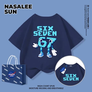 【จัดส่งวันเดียวกัน】เสื้อยืดผ้าฝ้ายเด็ก NASA สีดำ ลาย sixseven สไตล์อเมริกันสตรีท อายุ 3-16 ปี เสื้อยืดแขนสั้นหลวมสำหรับเด็กชายเด็กหญิง