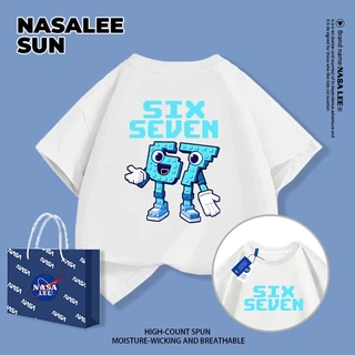 【จัดส่งวันเดียวกัน】เสื้อยืดผ้าฝ้ายเด็ก NASA สีดำ ลาย sixseven สไตล์อเมริกันสตรีท อายุ 3-16 ปี เสื้อยืดแขนสั้นหลวมสำหรับเด็กชายเด็กหญิง