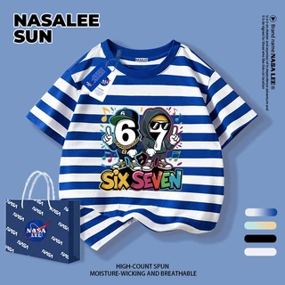【จัดส่งวันเดียวกัน】เสื้อยืดผ้าฝ้ายเด็ก NASA สีน้ำเงินกรมท่า ลาย sixseven สไตล์ลำลอง อายุ 3-16 ปี เสื้อยืดแขนสั้นหลวมสำหรับเด็กชายเด็กหญิง
