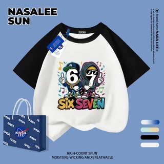 【จัดส่งวันเดียวกัน】เสื้อยืดผ้าฝ้ายเด็ก NASA สีน้ำเงินกรมท่า ลาย sixseven สไตล์ลำลอง อายุ 3-16 ปี เสื้อยืดแขนสั้นหลวมสำหรับเด็กชายเด็กหญิง