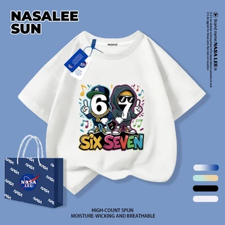 【จัดส่งวันเดียวกัน】เสื้อยืดผ้าฝ้ายเด็ก NASA สีน้ำเงินกรมท่า ลาย sixseven สไตล์ลำลอง อายุ 3-16 ปี เสื้อยืดแขนสั้นหลวมสำหรับเด็กชายเด็กหญิง