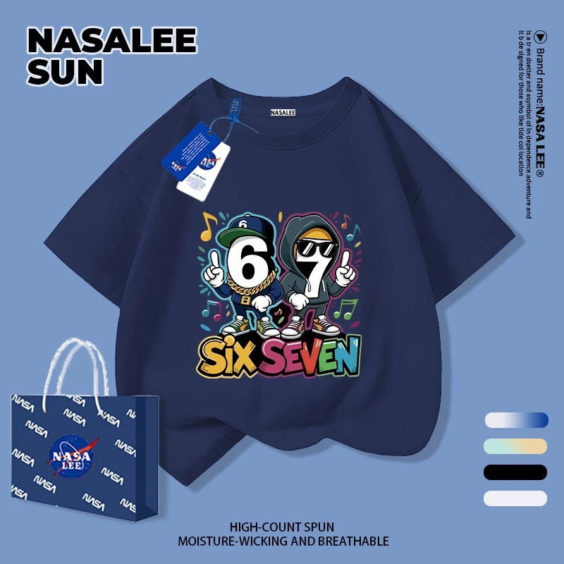 【จัดส่งวันเดียวกัน】เสื้อยืดผ้าฝ้ายเด็ก NASA สีน้ำเงินกรมท่า ลาย sixseven สไตล์ลำลอง อายุ 3-16 ปี เสื้อยืดแขนสั้นหลวมสำหรับเด็กชายเด็กหญิง