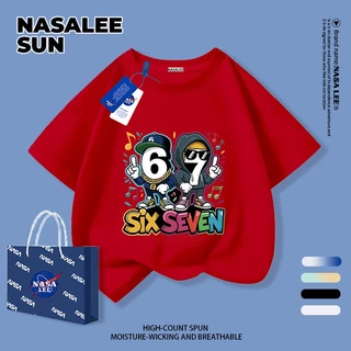 【จัดส่งวันเดียวกัน】เสื้อยืดผ้าฝ้ายเด็ก NASA สีน้ำเงินกรมท่า ลาย sixseven สไตล์ลำลอง อายุ 3-16 ปี เสื้อยืดแขนสั้นหลวมสำหรับเด็กชายเด็กหญิง