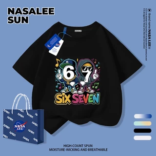 【จัดส่งวันเดียวกัน】เสื้อยืดผ้าฝ้ายเด็ก NASA สีน้ำเงินกรมท่า ลาย sixseven สไตล์ลำลอง อายุ 3-16 ปี เสื้อยืดแขนสั้นหลวมสำหรับเด็กชายเด็กหญิง