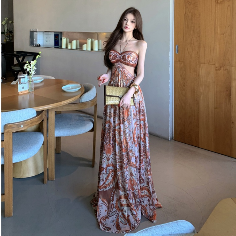 Bohemian Travel Vacation Floral Chiffon Sling ชุดเดรสยาวผู้หญิง Slim-fit One-Line คอแขนกุด Halter พิมพ์ความยาวกลาง A @-