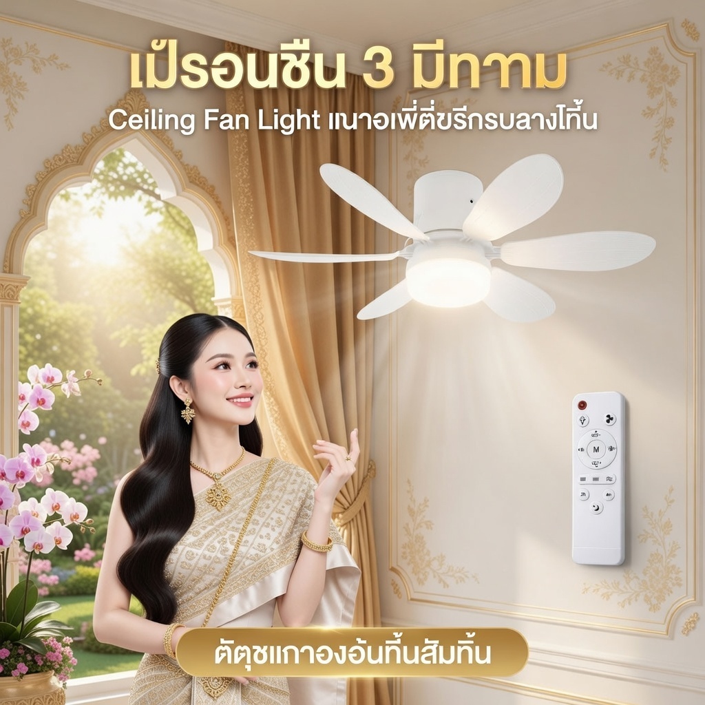 พัดลมเพดานโคมไฟ 2-in-1 ขั้วหลอด E27 มีรีโมท ความเงียบสงบ มีฟังก์ชั่นตั้งเวลาปิดโหมดสลีป