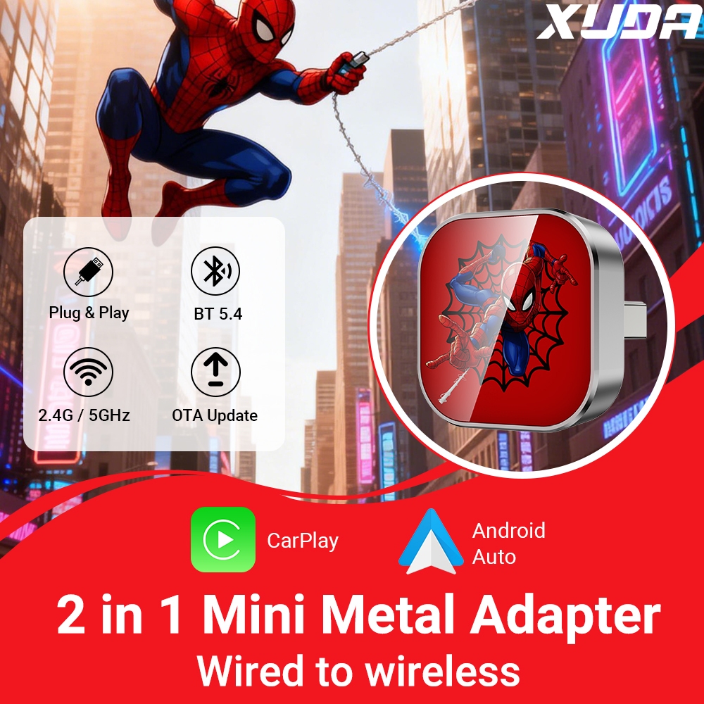 Official Marvel Spider-Man Edition 2-in-1 Wireless CarPlay & Android Auto Adapter – Plug & Play Smart Dongle สําหรับรถยนต์ 99%