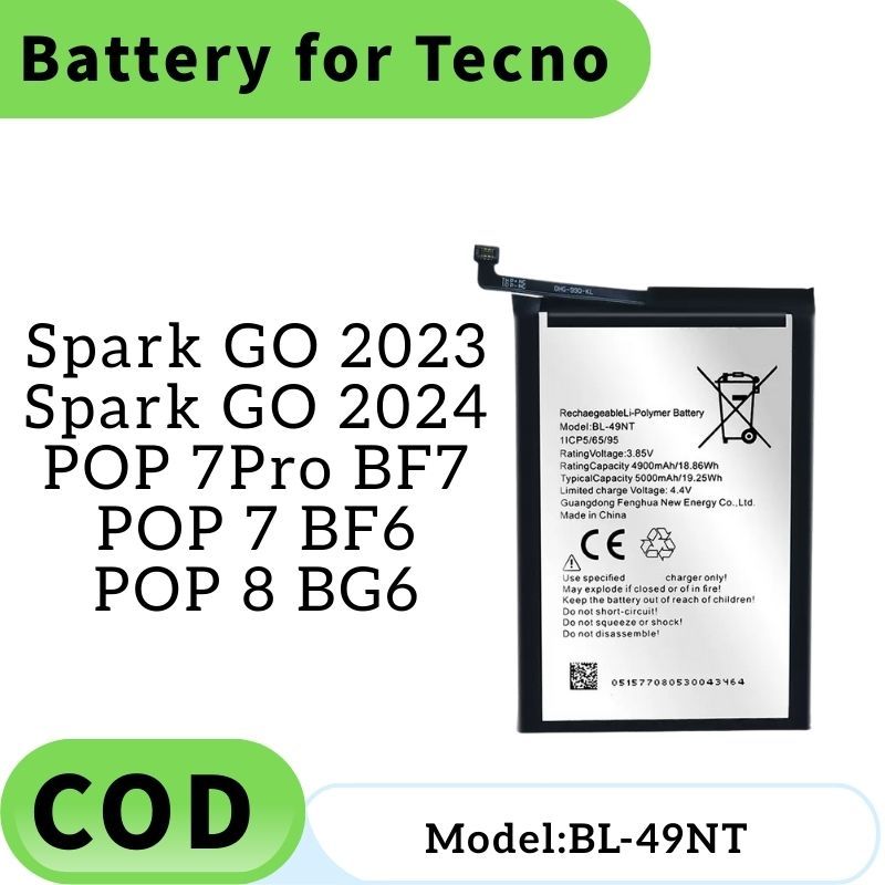 แบตเตอรี่ BL-49NT Bateri สําหรับ TECNO Spark Go 2023 2024 Batery POP 7, POP 7 Pro, POP 8