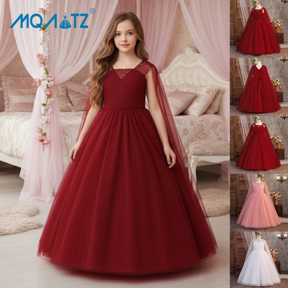 ชุดราตรีสีม่วงแดงสำหรับเด็กหญิง แขนกว้าง สไตล์เจ้าหญิง ELEGANT PRATY LP691