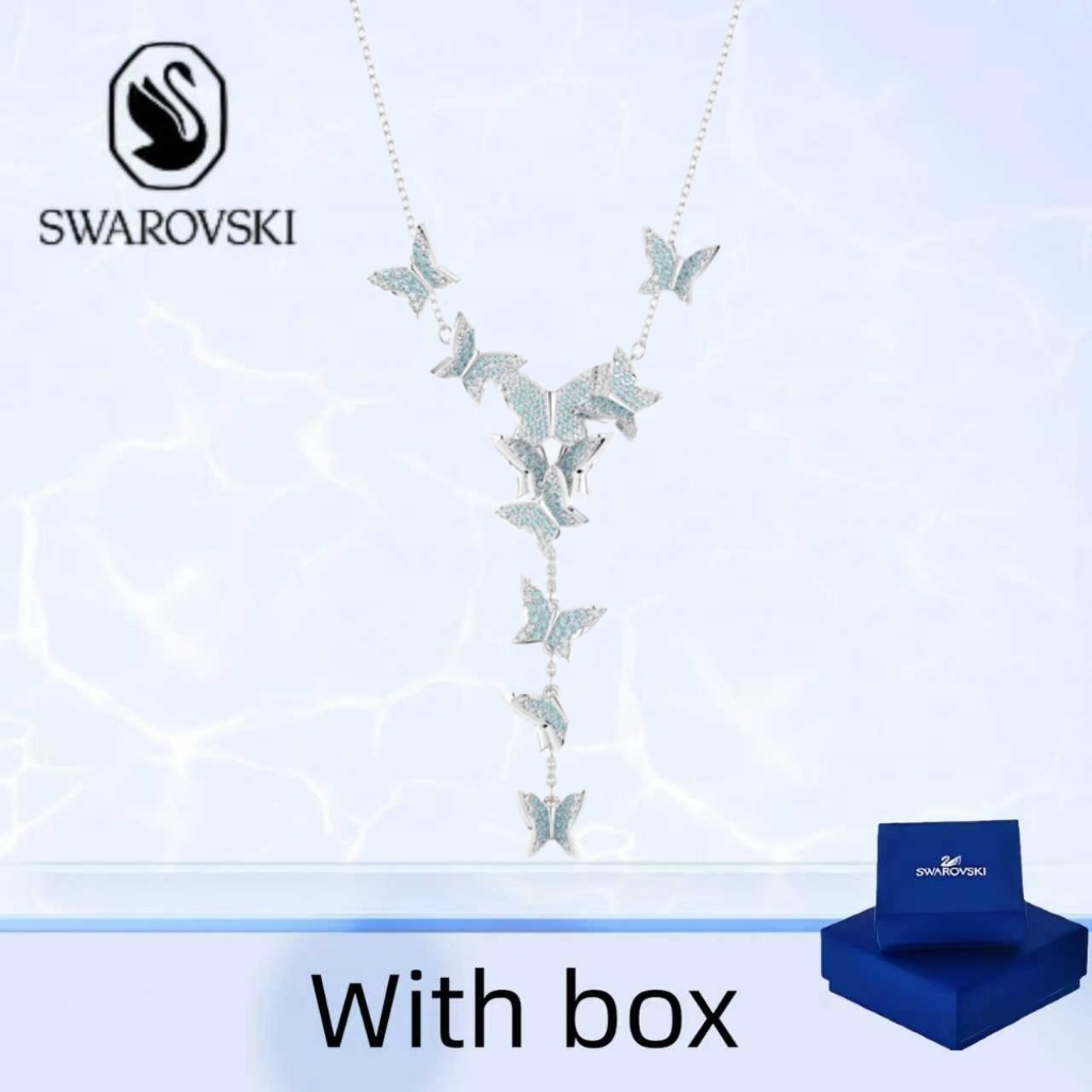Swarovski (พร้อมกล่อง) ซื้อสร้อยคอเครื่องประดับเงินแท้ Idyllia Lilia Blue Butterfly สร้อยคอรูปตัว Y
